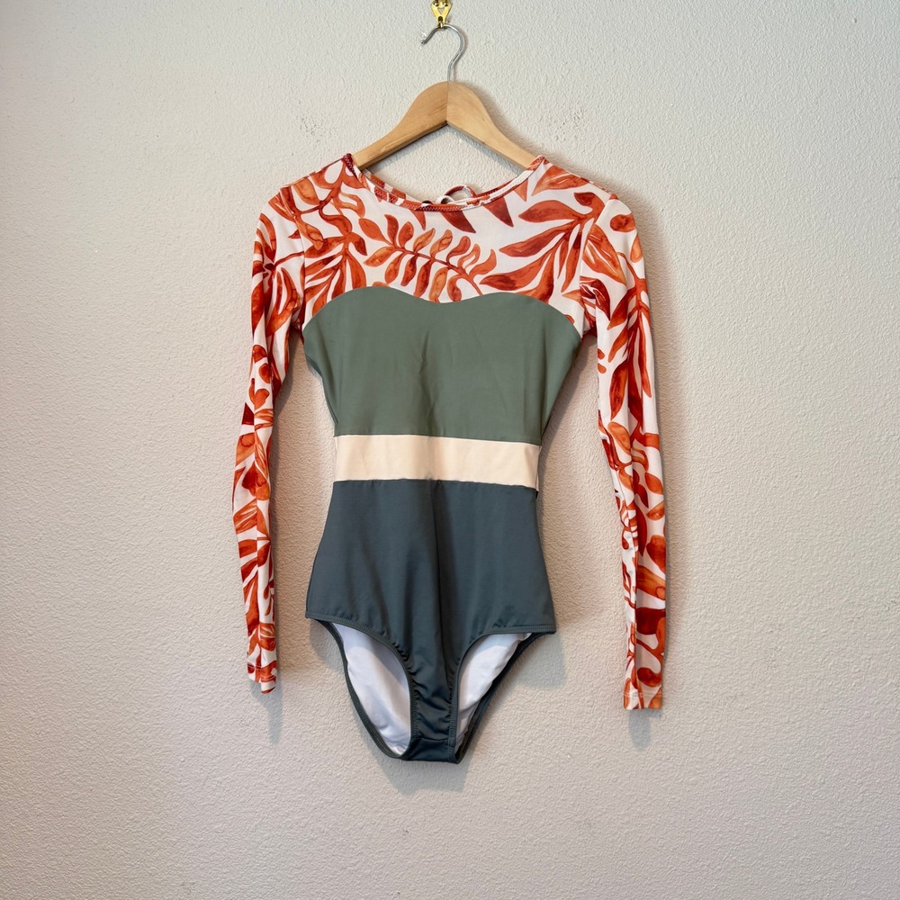 Womens Long Sleeve Rash Guard One Piece Swimsuit Tropical Colorblock Orange Blue